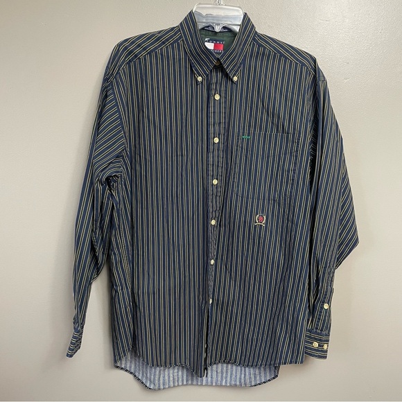 Vintage Tommy Hilfiger Button Up Shirt Mens Medium Blue Stripes Crest Logo 90s M - Picture 1 of 9